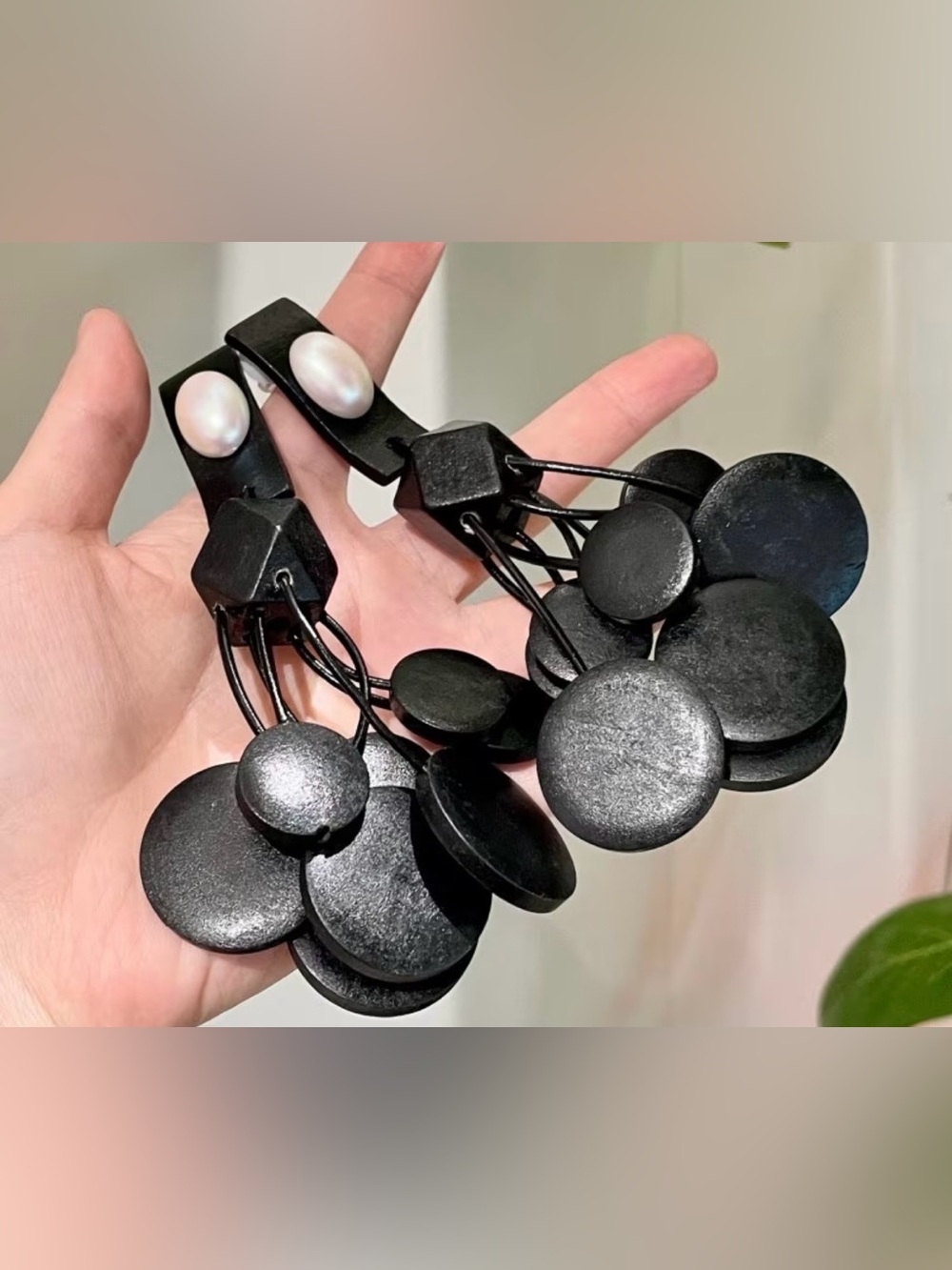 Black wood and pearl earrings